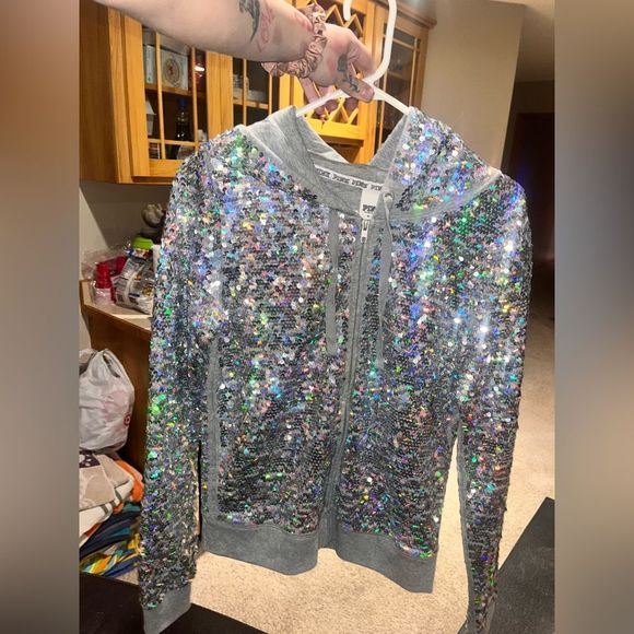 PINK Victoria's Secret Tops - Victorias Secret Bling Holographic Sequin Reversible Love PINK Hoodie Medium